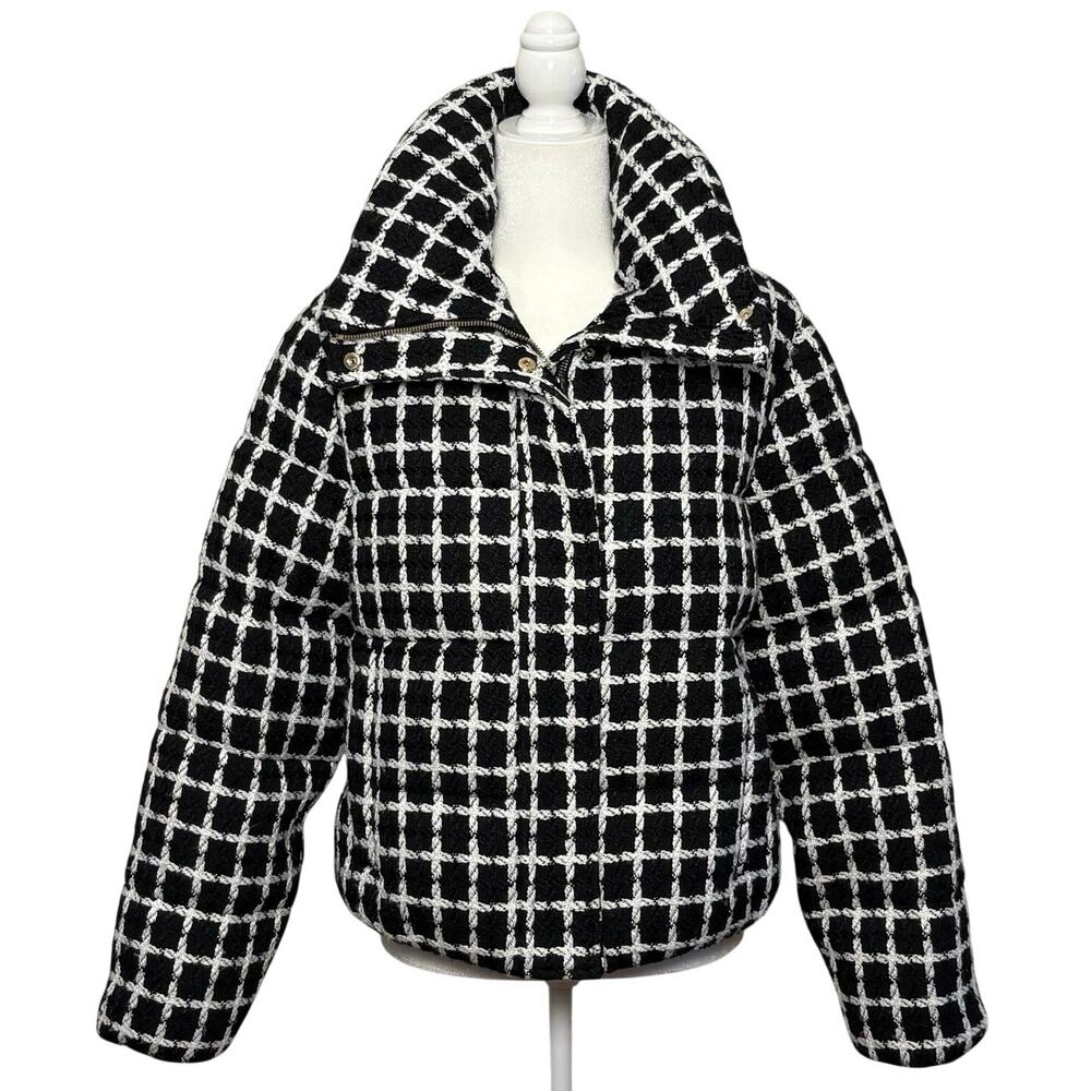BCBGMaxAzria Tweed Puffer Jacket Women's M Black White Windowpane